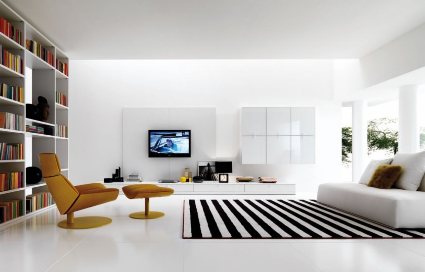Modern Design Living Room With White Wall Decoration with Black And White Rug And Bookcase