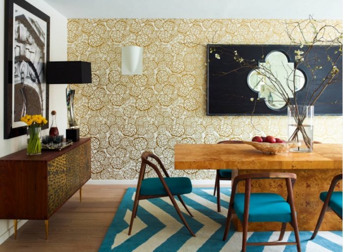 Contemporary Dining Room with Beautiful Blue and White Patterned Rug