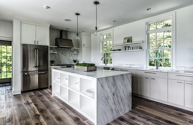 Kitchen Room under Circa 1700 Blansfield Builders Among Marble Countertop On The Bottom from Chandelier Also Glossy Freezer Beside Chimney