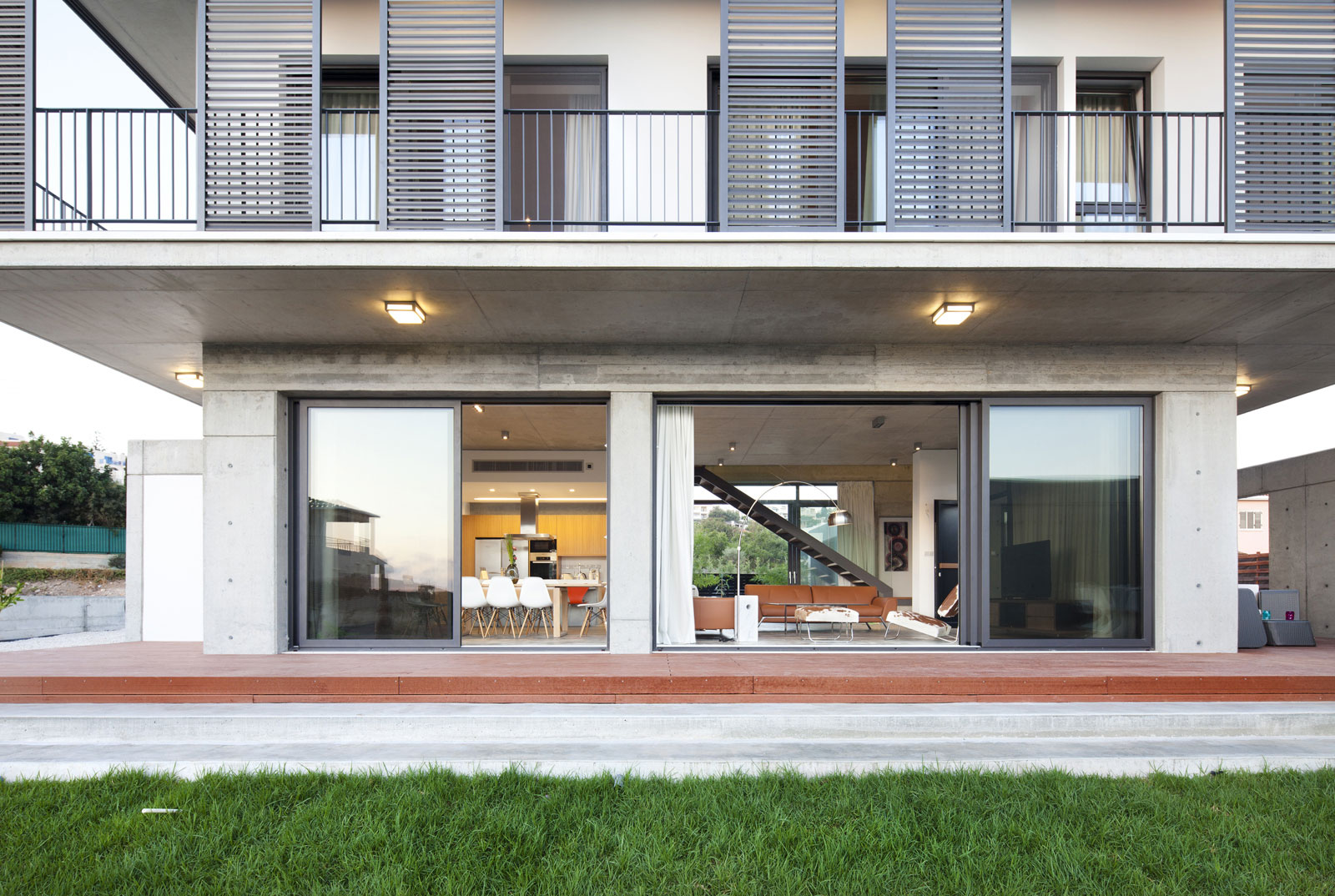 Brown Wooden Floor Terrace Green Grass Garden Also Windows Made From Glass Panels