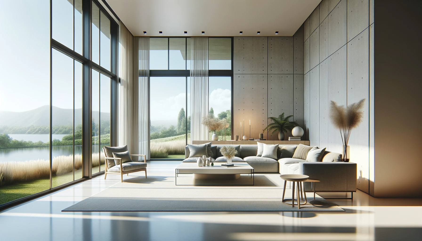 A bright and airy modern living room with large windows offering a stunning view of the landscape.