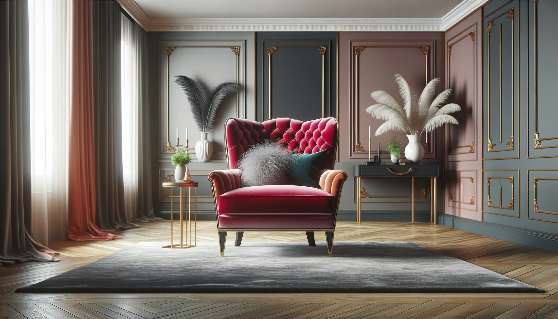 A luxurious living room showcasing a bold, colorful accent chair as the focal point